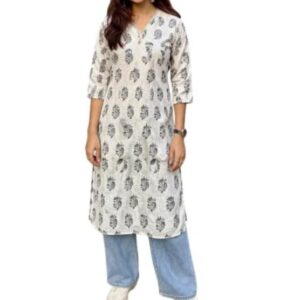 Viscose Rayon Long Kurti for Women | A-Line Kurta | V Neck Tunic for Women | 3/4 Sleeve Straight Kurta | White